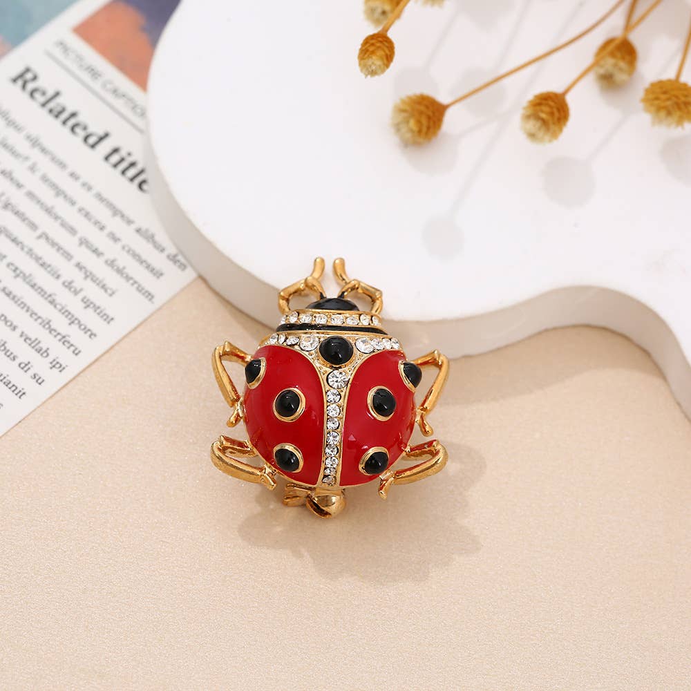 Enamel & Rhinestone Ladybug Brooch, Cute Insect Pin