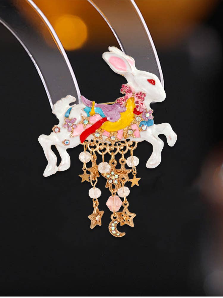Alloy Rhinestone Rabbit Star Moon Tassel Brooch