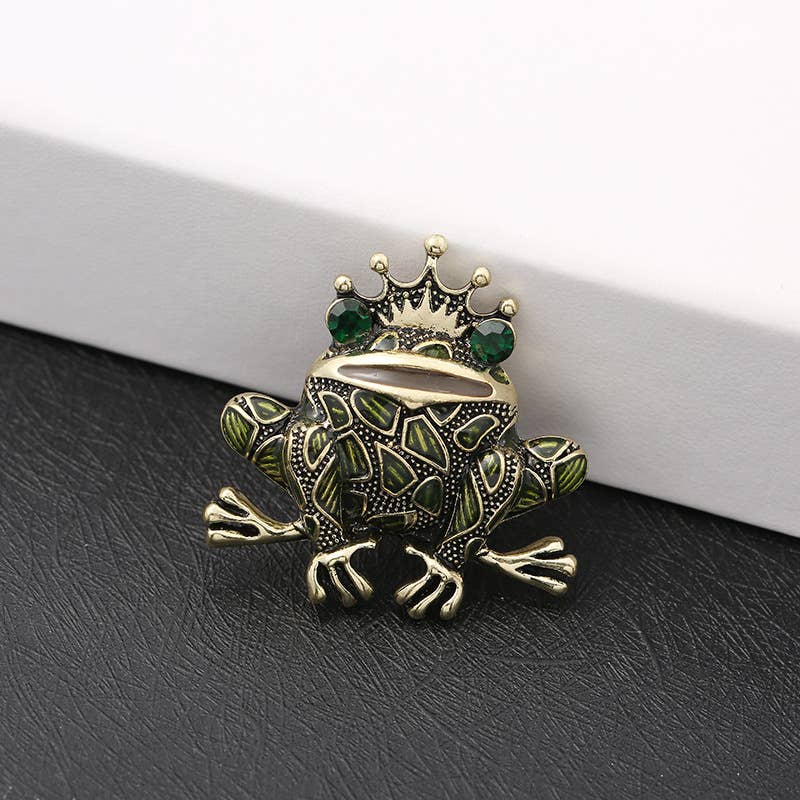 Enamel Crown Frog Prince Brooch, Rhinestone Frog Pin