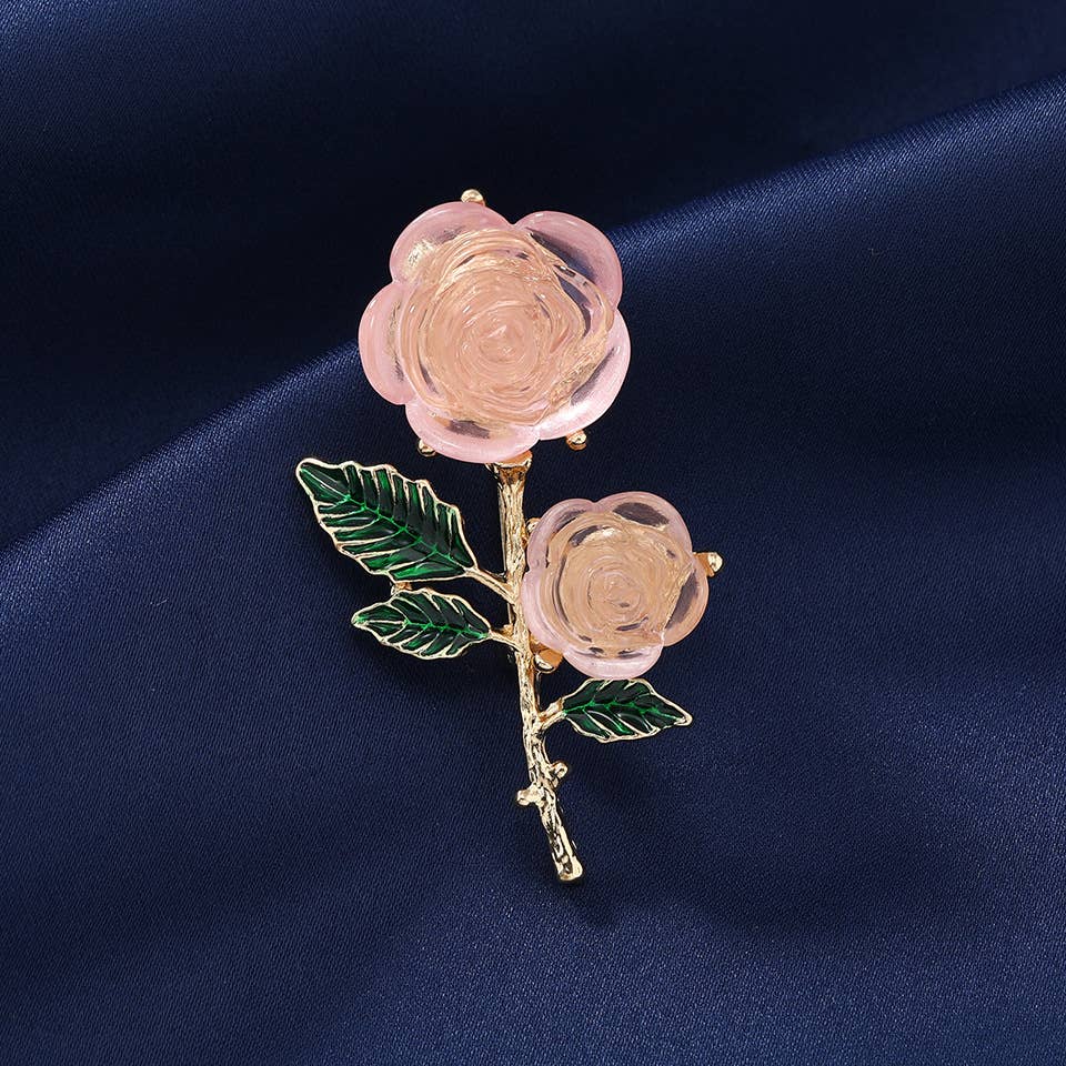 Sweet Transparent Pink Rose Flower Brooch & Earrings