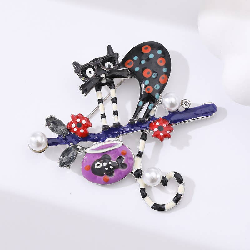 Whimsical Polka Dot Cat - on - Branch Brooch with Pearls