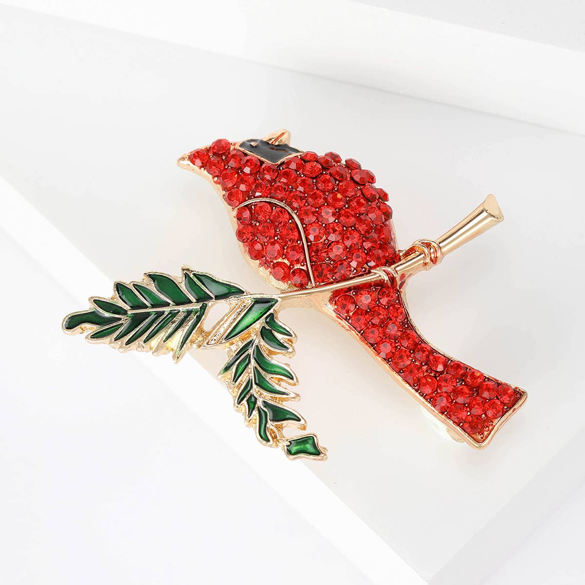 Cardinal Rhinestone Brooch, Red Bird & Leaf Statement Pin