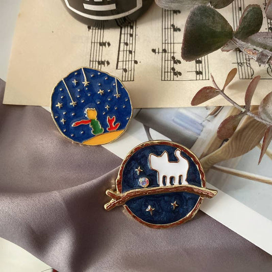 Cartoon Starry Sky Cat & Little Prince Enamel Brooch