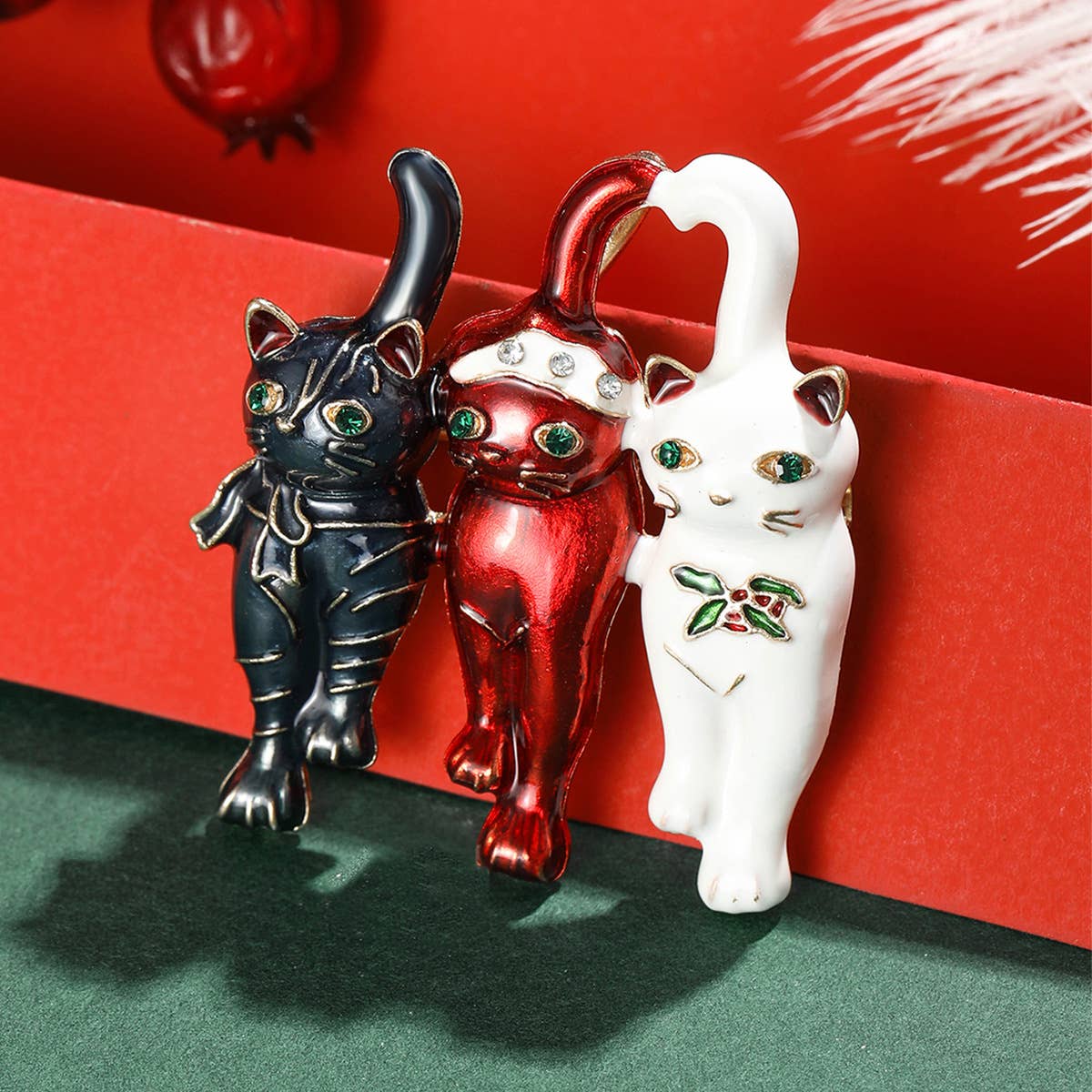 Playful Triple Enamel Cats Christmas Brooch, Festive Pin