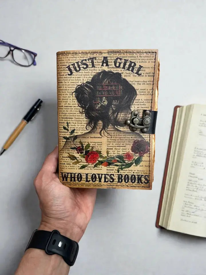 Leather Journal Vintage Notebook with Just A Girl Print