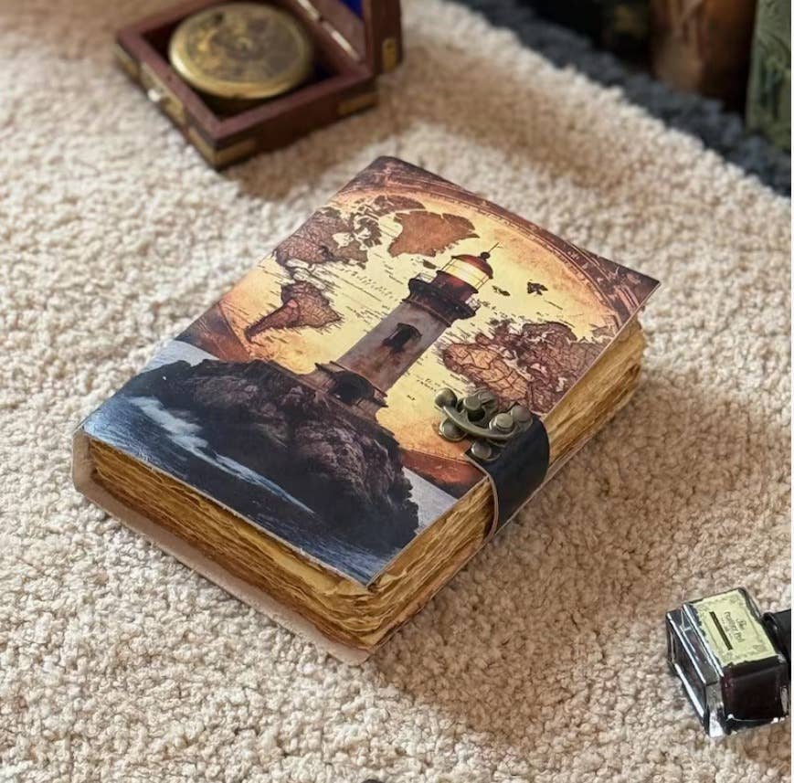 Lighthouse Leather Journal with Vintage Map Art | Nautical