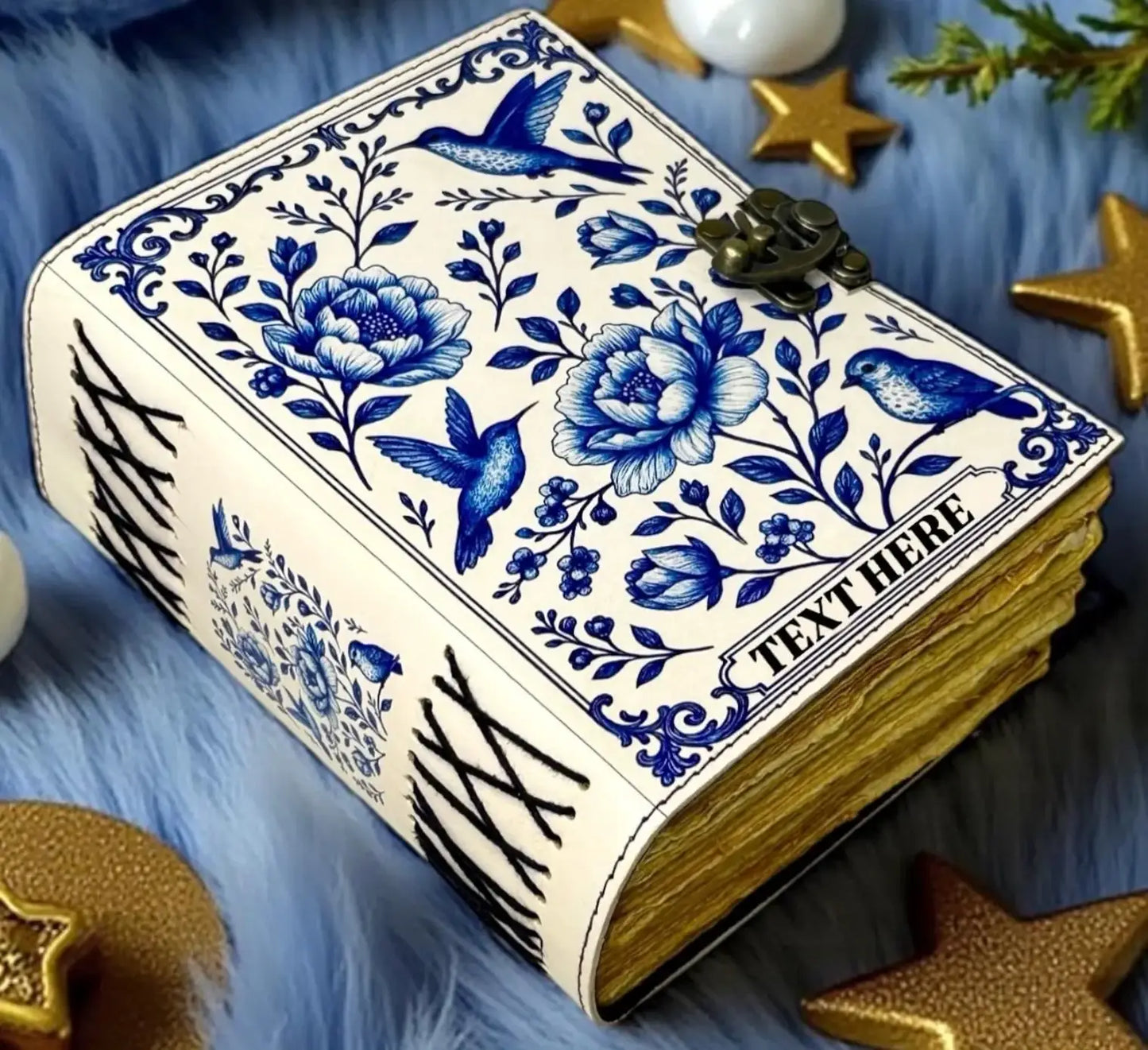 Leather Journal Blank Vintage Notebook with Blue Bird Print