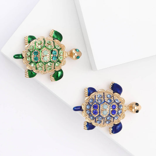 Cute Turtle Brooch, Rhinestone & Enamel Animal Small Pin
