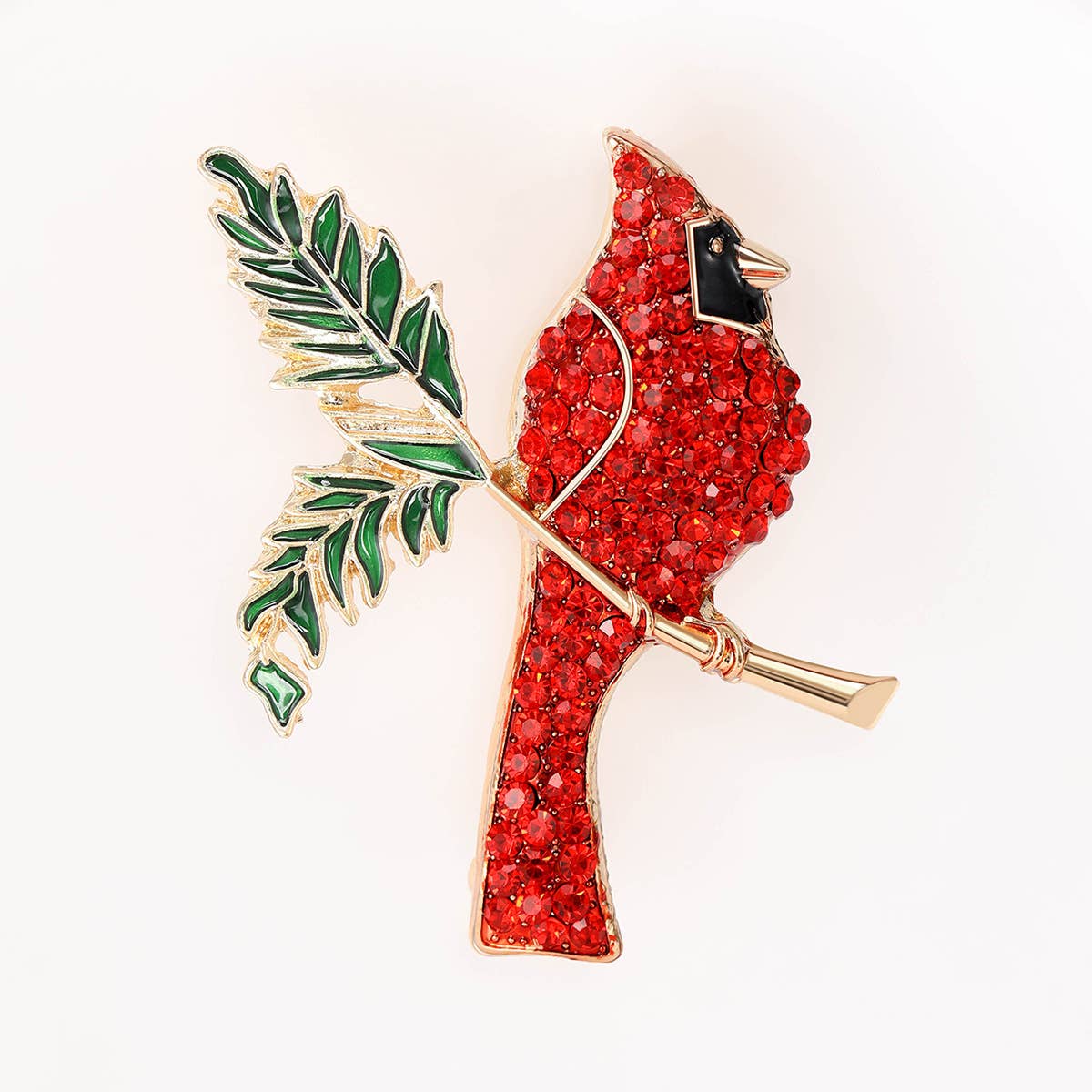 Cardinal Rhinestone Brooch, Red Bird & Leaf Statement Pin