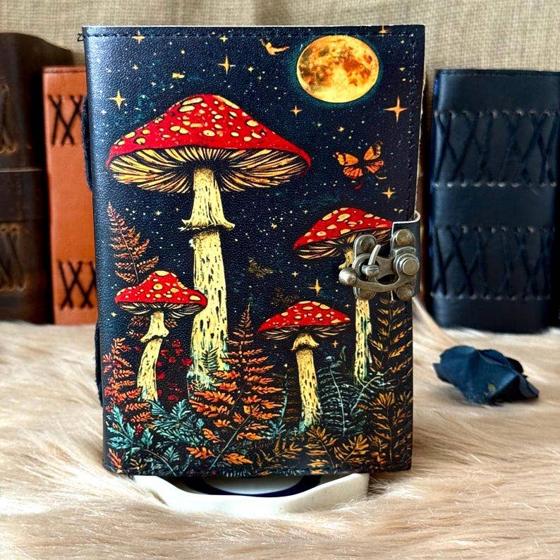 Leather Journal Grimoire Vintage Mushroom Notebook Handmade