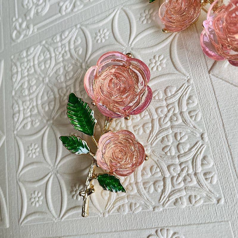 Sweet Transparent Pink Rose Flower Brooch & Earrings