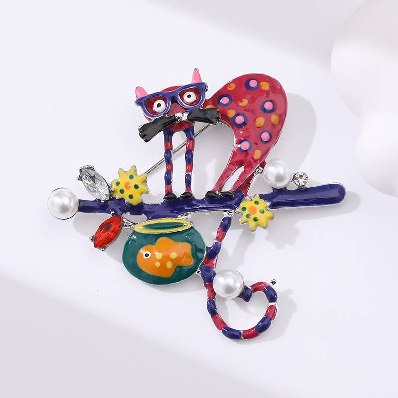 Whimsical Polka Dot Cat - on - Branch Brooch with Pearls