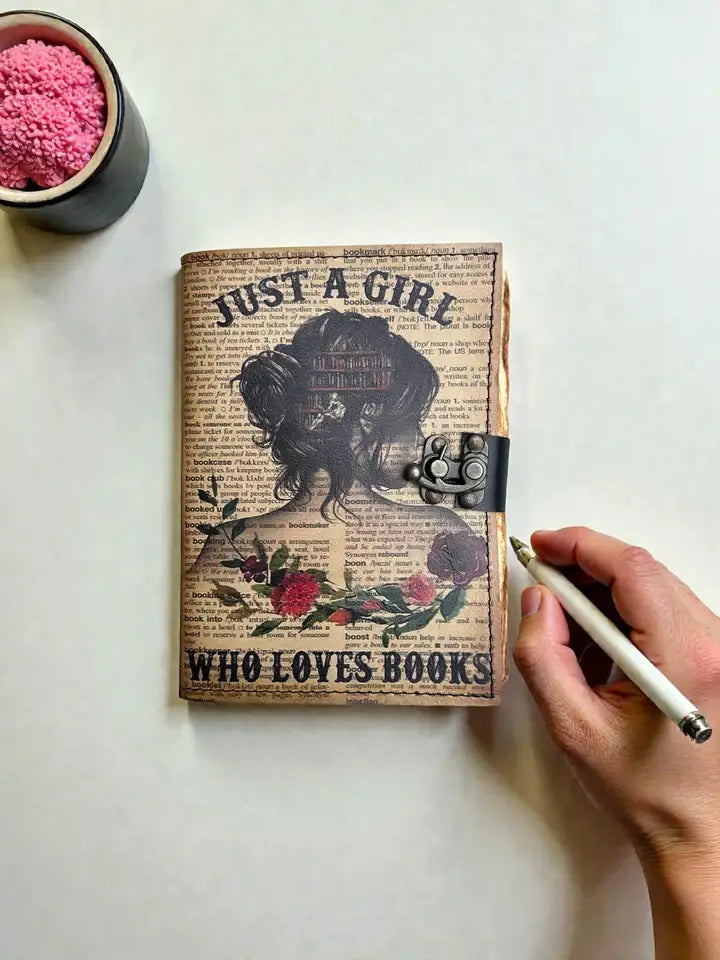 Leather Journal Vintage Notebook with Just A Girl Print