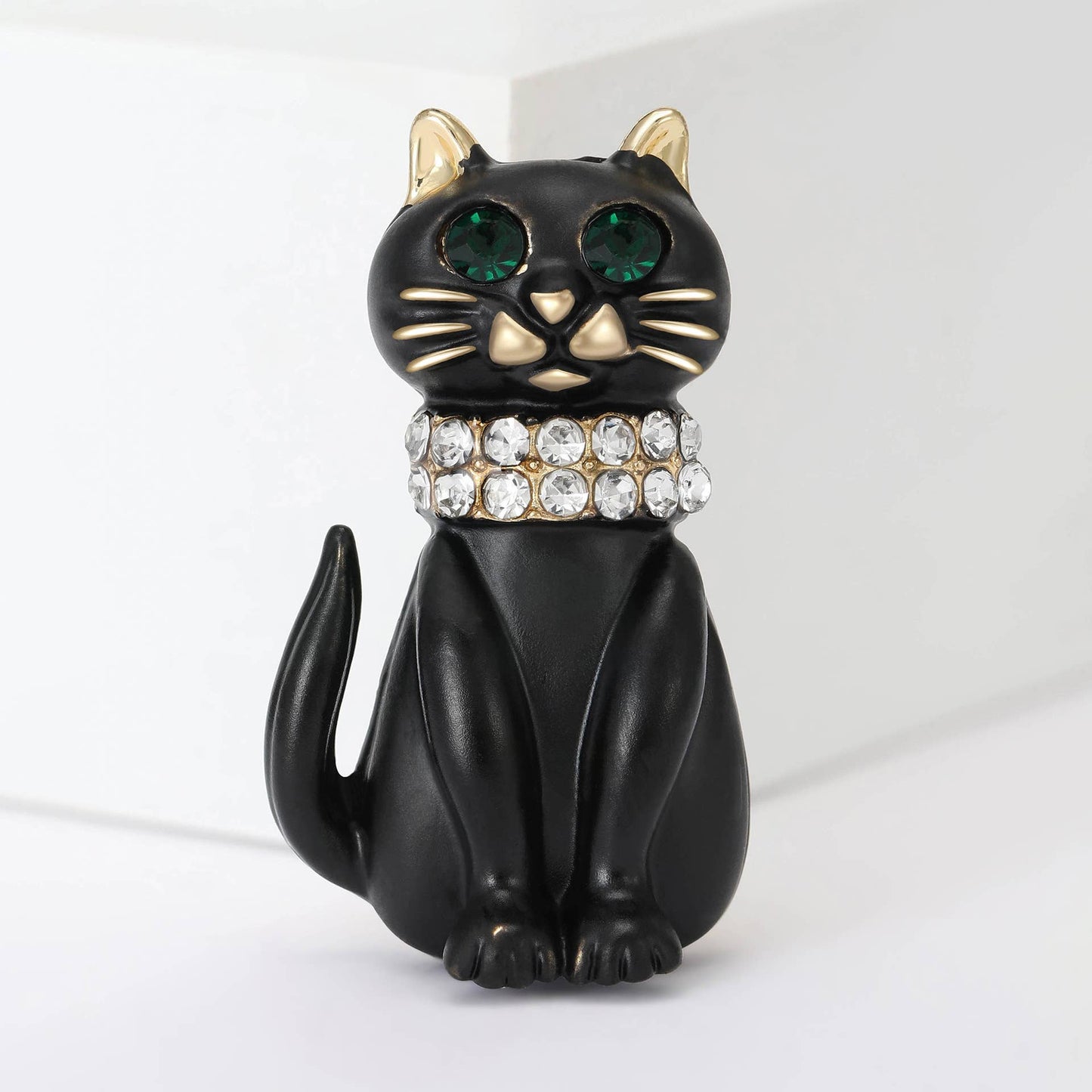 Gold Accent Rhinestone Collar Black Cat Brooch