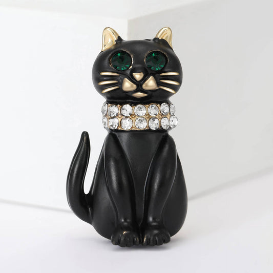 Gold Accent Rhinestone Collar Black Cat Brooch
