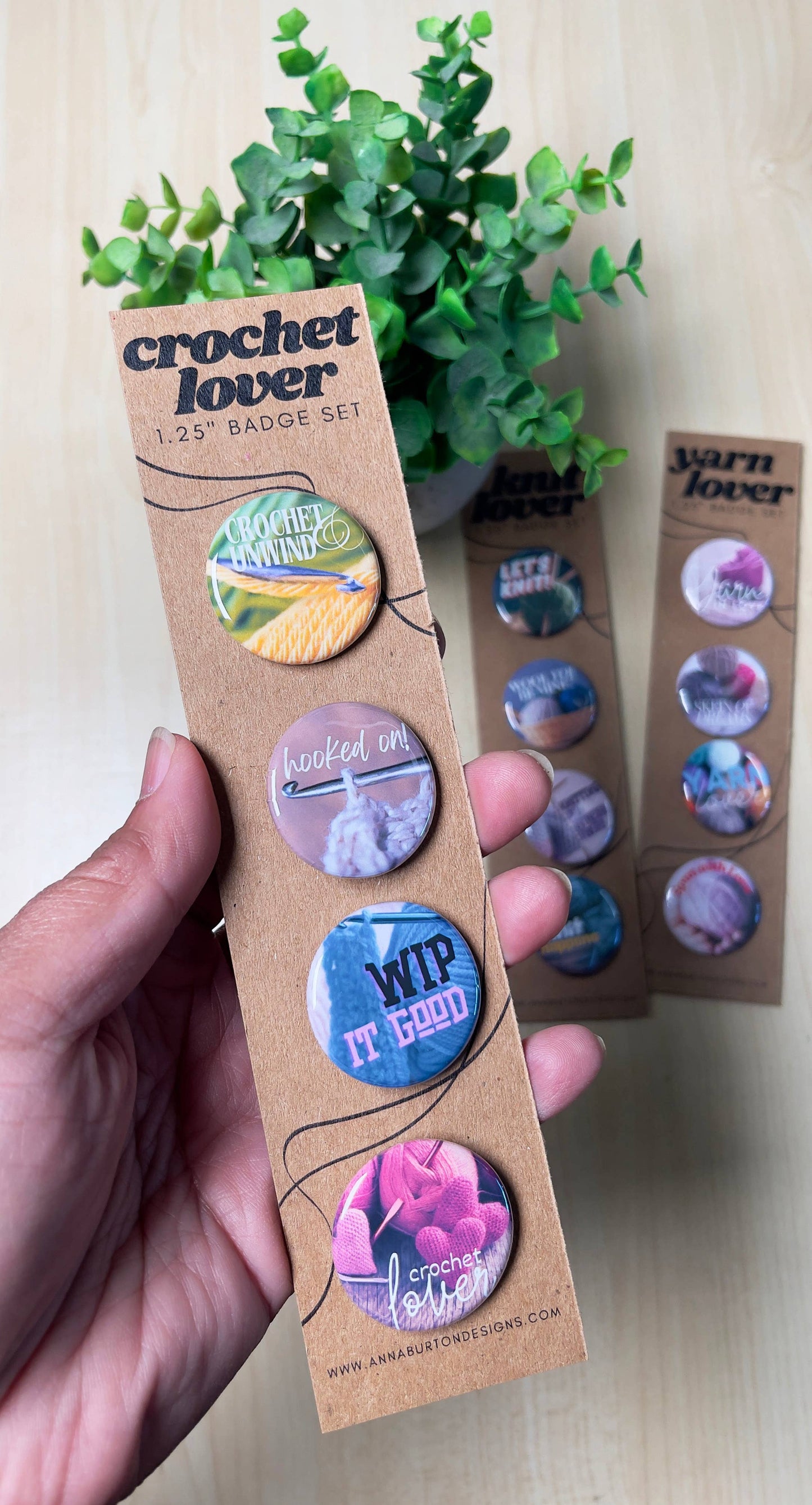Yarn, Crochet and Yarn Pin Badge and Magnet Sets