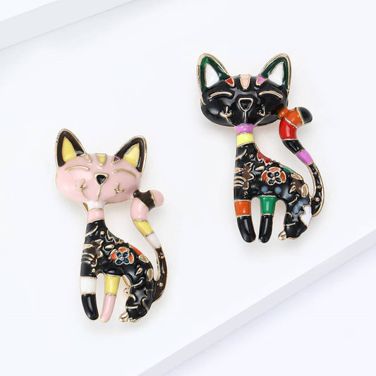 Playful Patchwork Enamel Cat Animal Brooch Pin