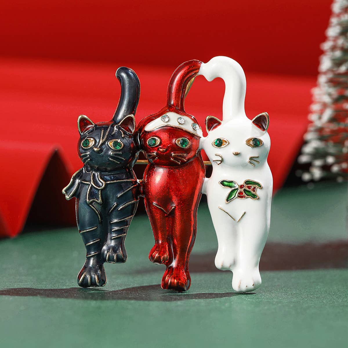 Playful Triple Enamel Cats Christmas Brooch, Festive Pin