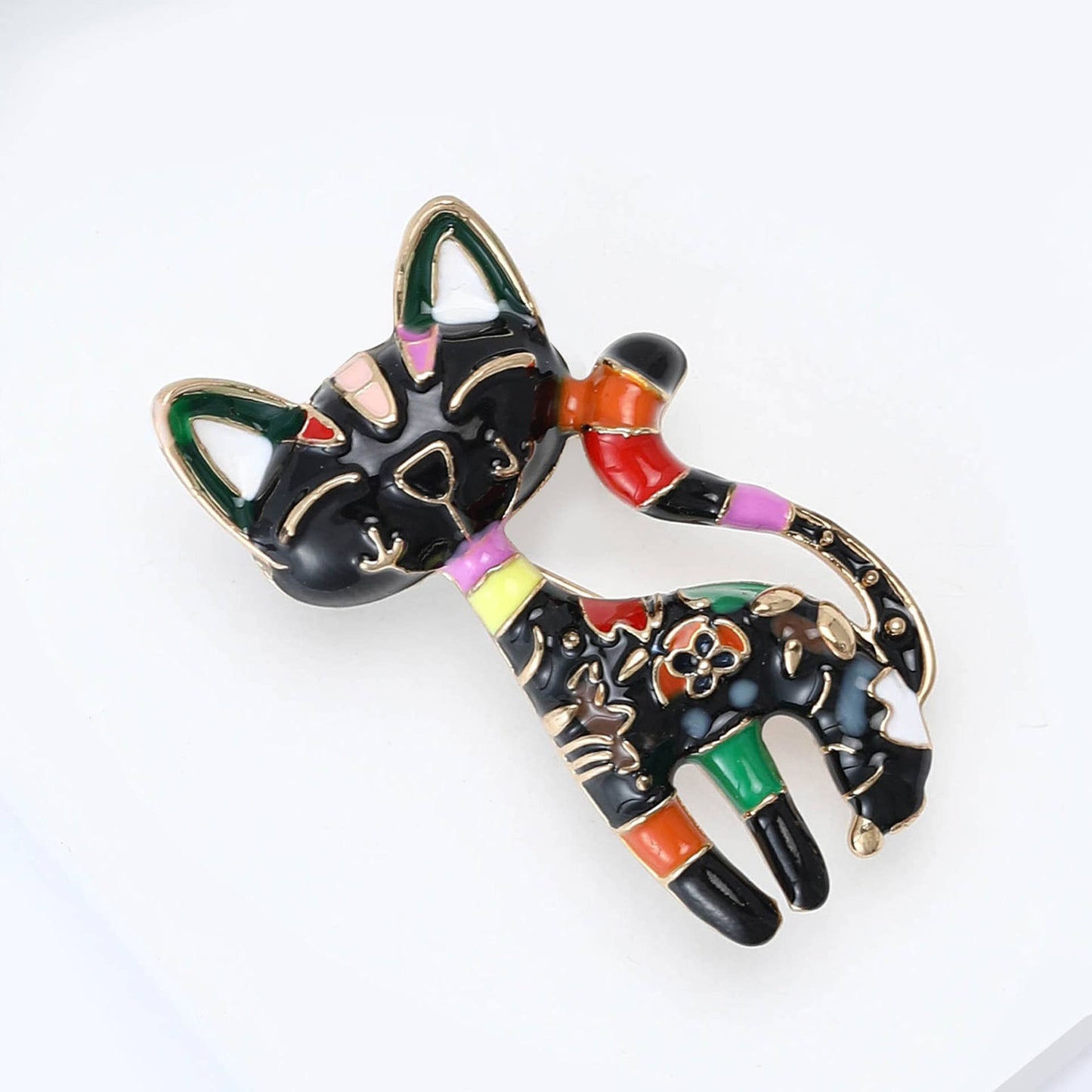 Playful Patchwork Enamel Cat Animal Brooch Pin