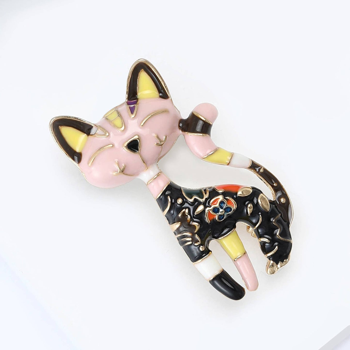 Playful Patchwork Enamel Cat Animal Brooch Pin