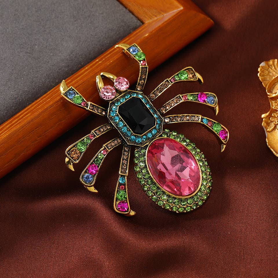 Glamorous Multi - Colored Crystal Spider Brooch