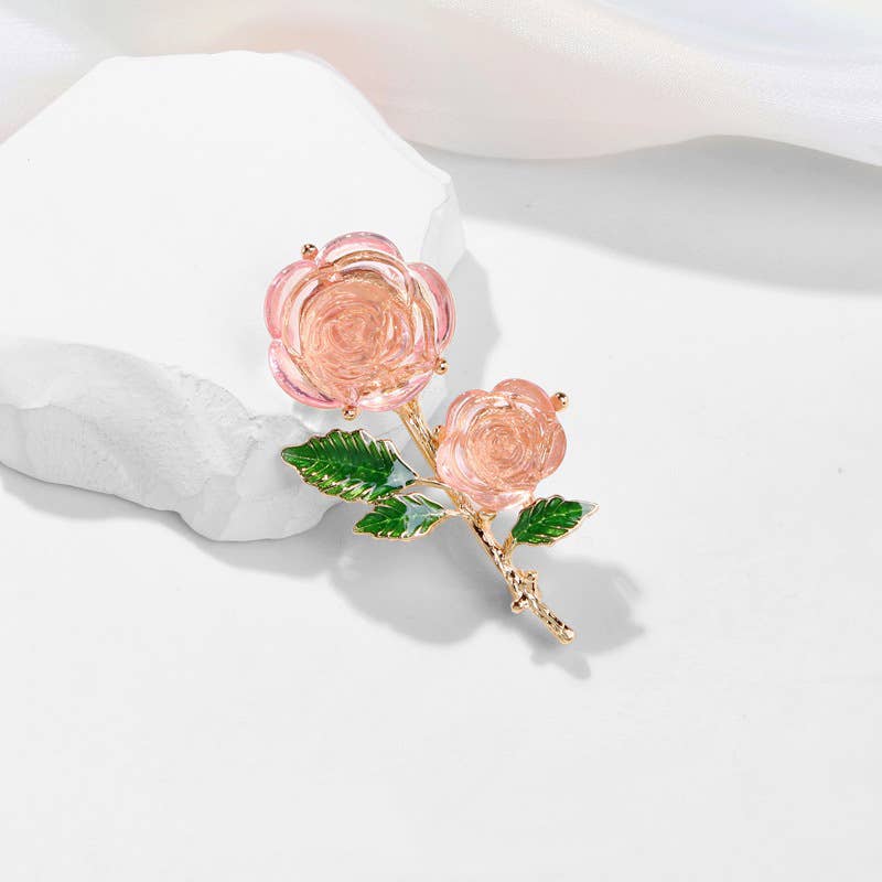 Sweet Transparent Pink Rose Flower Brooch & Earrings