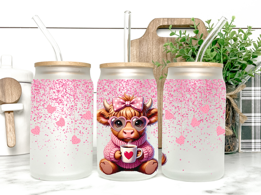 Pink Valentines Day Highland Cow Love Libbey Glass Tumbler