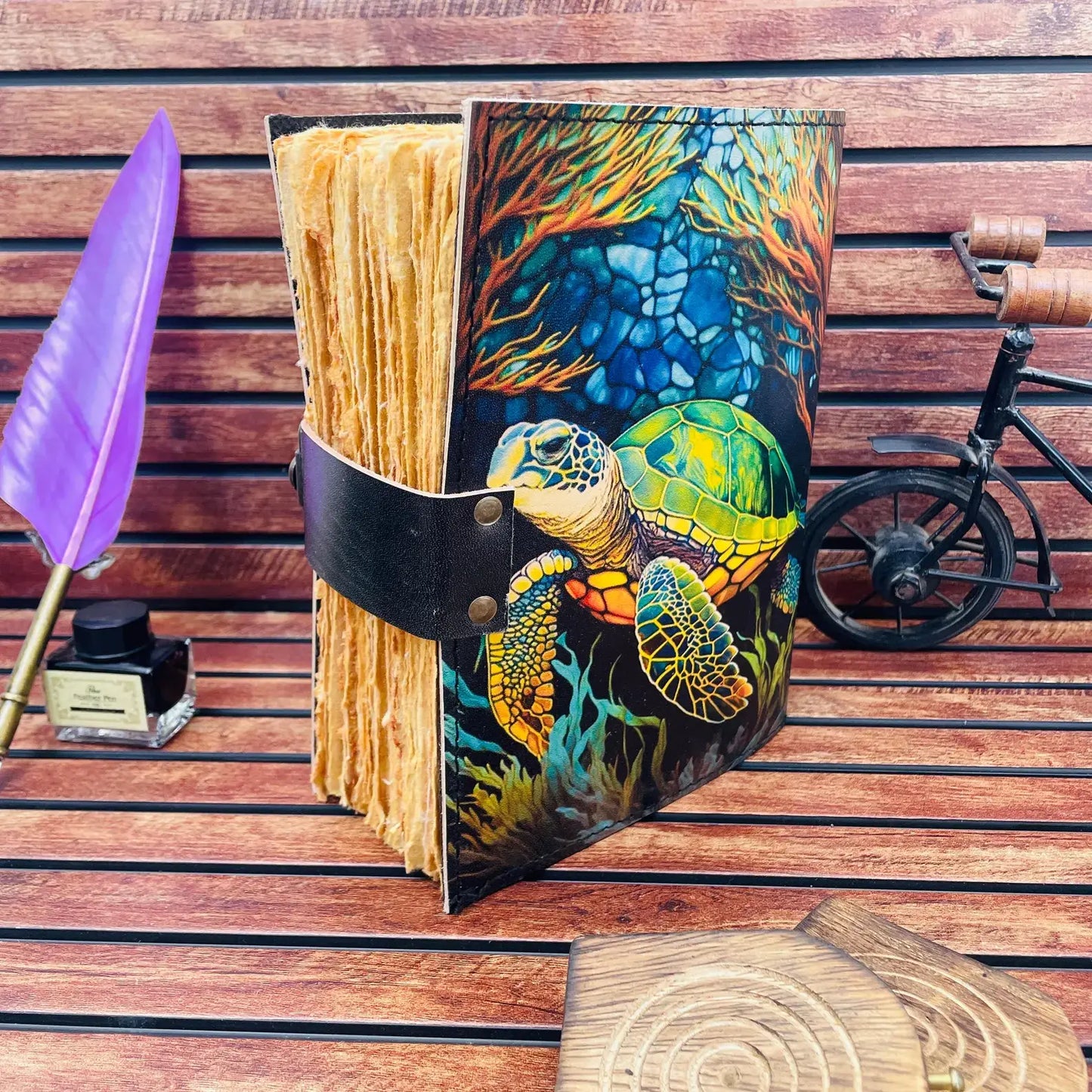 Leather Journal Blank Vintage Notebook with Turtle Print