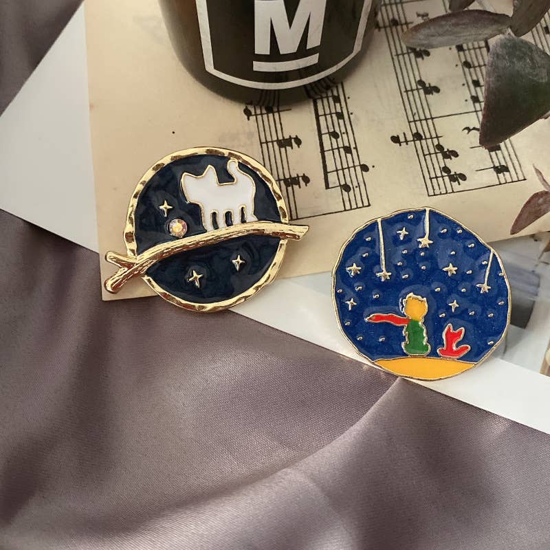 Cartoon Starry Sky Cat & Little Prince Enamel Brooch