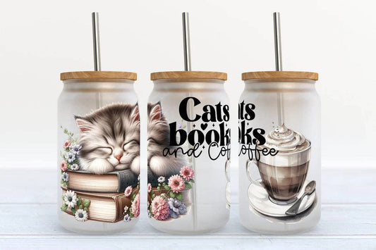 Cats Books and Coffee 16oz Frosted Libbey Glass Tumbler