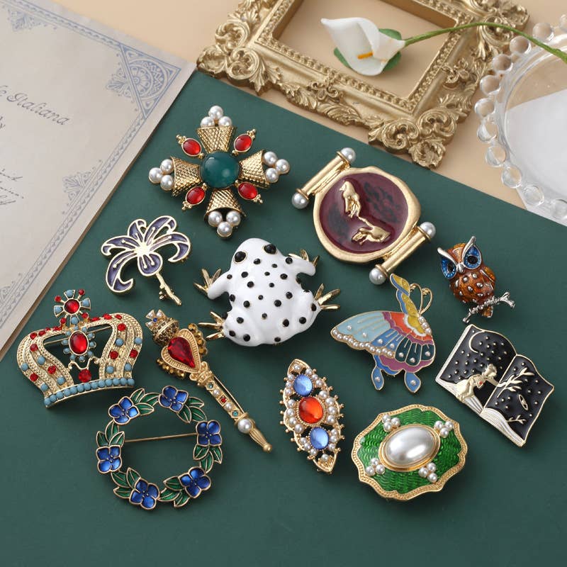 Baroque brooch cross crown animal pin