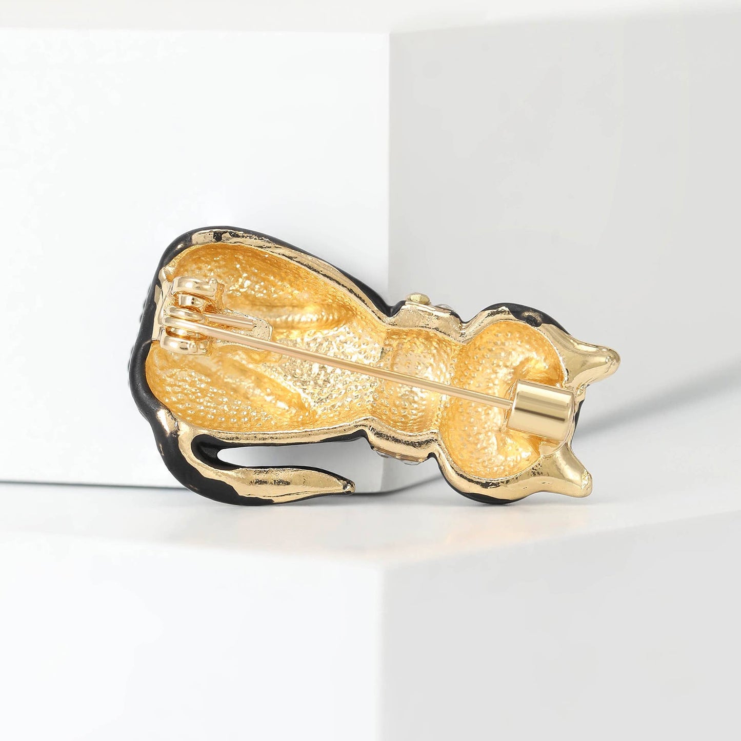 Gold Accent Rhinestone Collar Black Cat Brooch