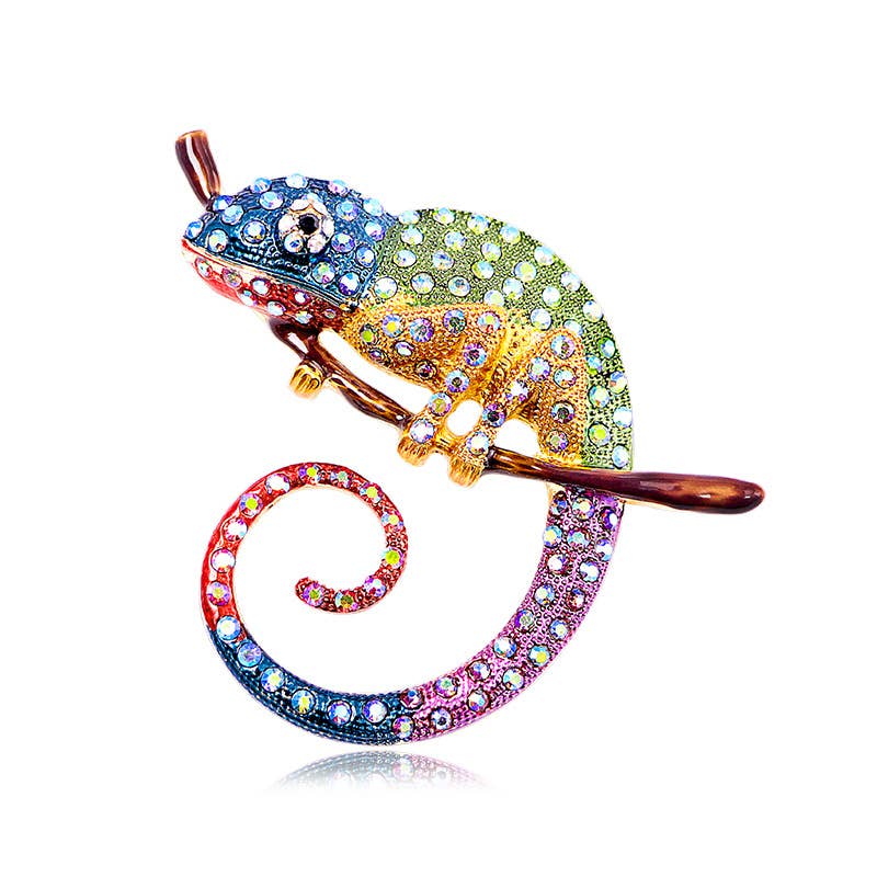 Diamond colored chameleon brooch lizard pin