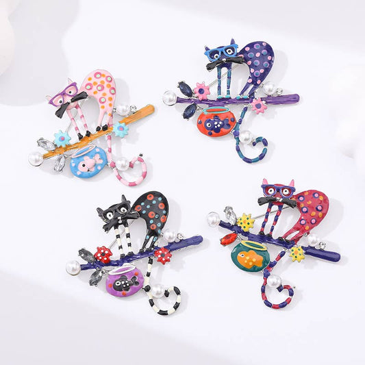 Whimsical Polka Dot Cat - on - Branch Brooch with Pearls