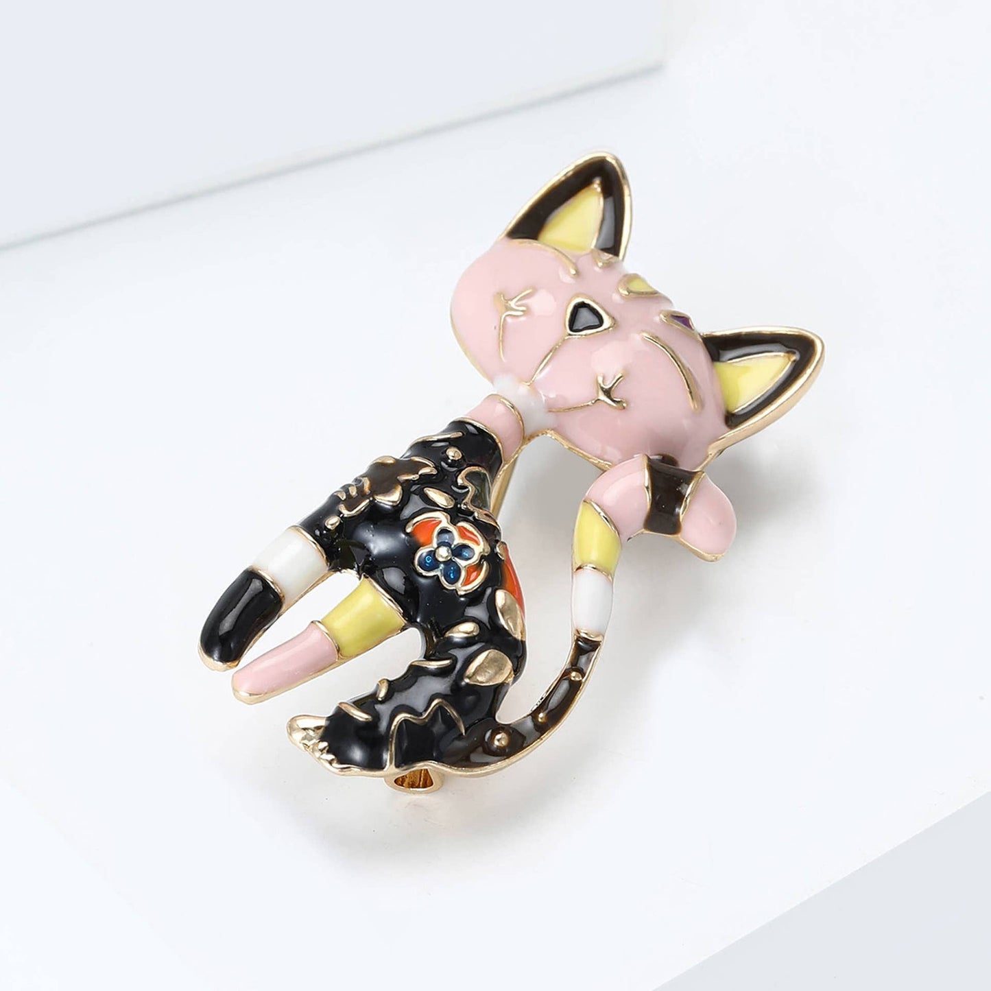 Playful Patchwork Enamel Cat Animal Brooch Pin