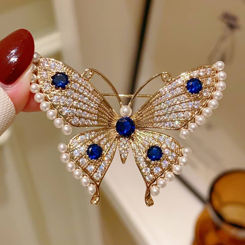Pearl & Rhinestone Butterfly Brooch, Gold-Tone Elegant Pin