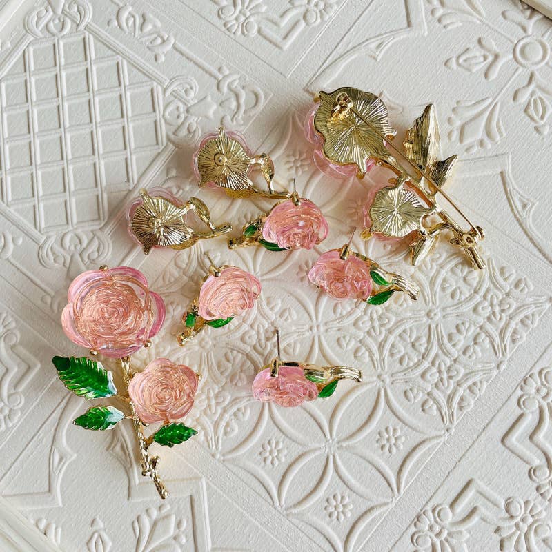 Sweet Transparent Pink Rose Flower Brooch & Earrings