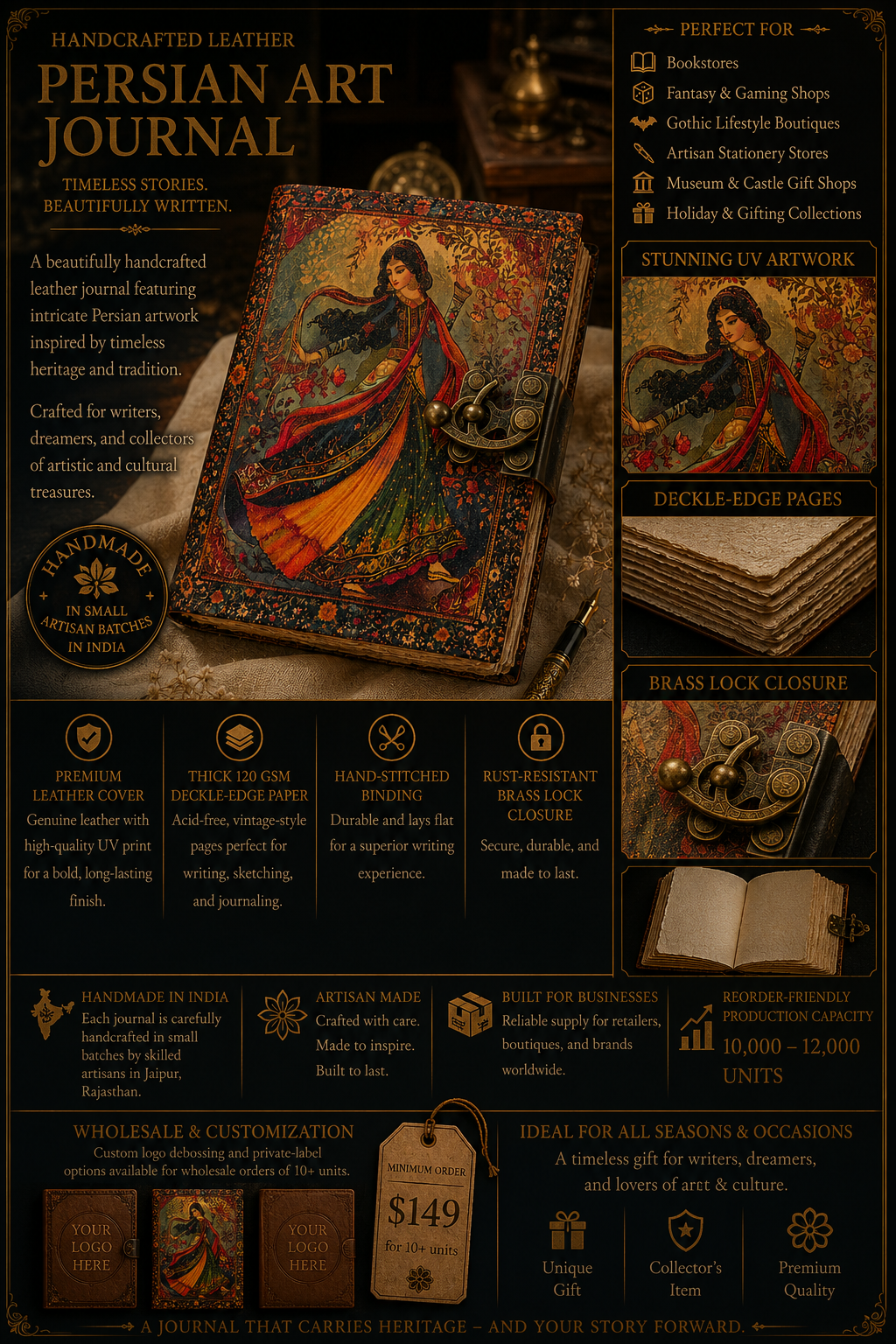 Leather Journal with Brass Lock Persian Art Diary Gift Shops