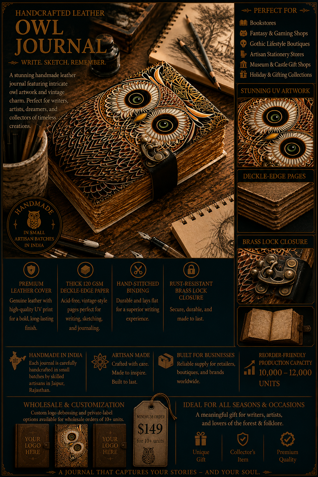 Owl Leather Journal with Lock – Handmade Deckle Edge
