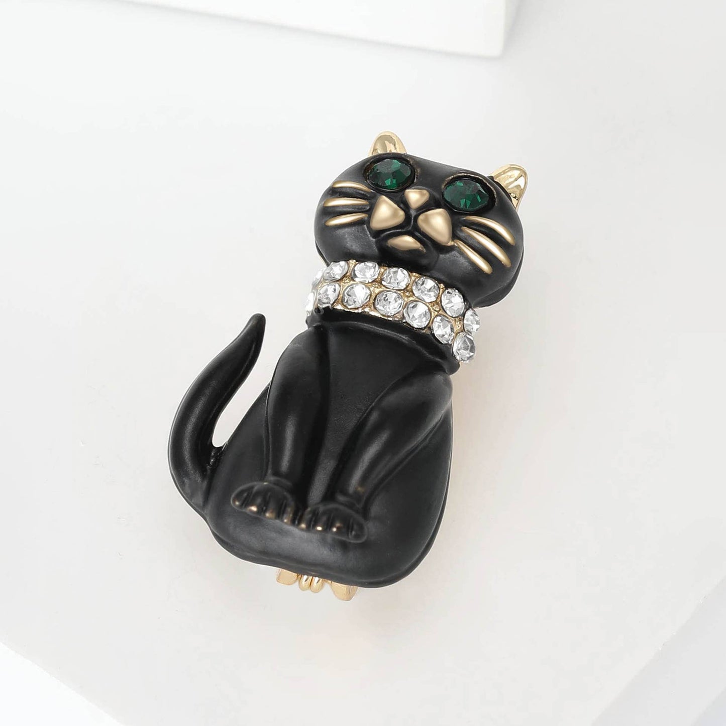 Gold Accent Rhinestone Collar Black Cat Brooch