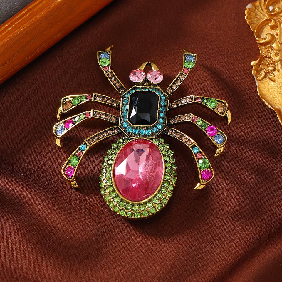 Glamorous Multi - Colored Crystal Spider Brooch