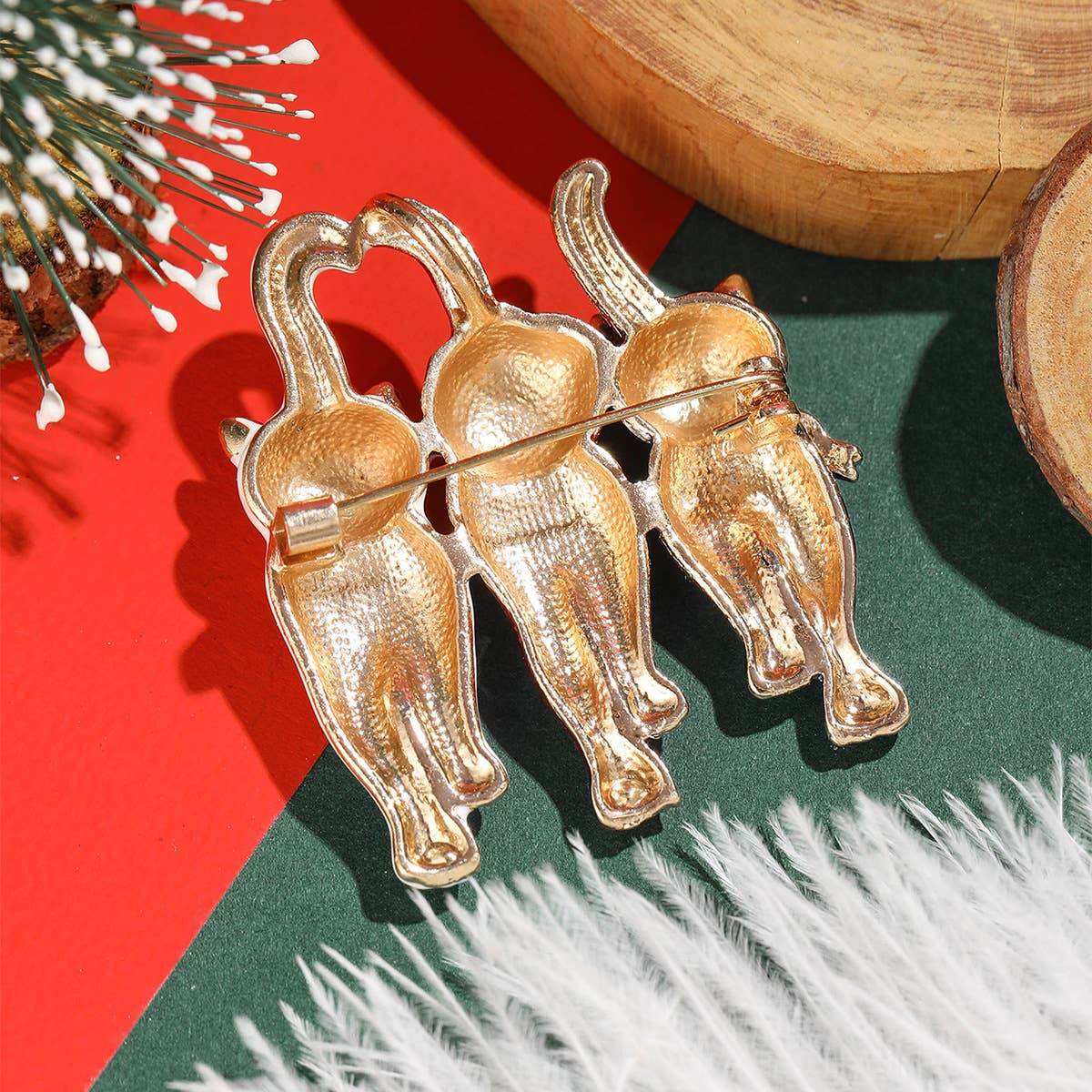 Playful Triple Enamel Cats Christmas Brooch, Festive Pin