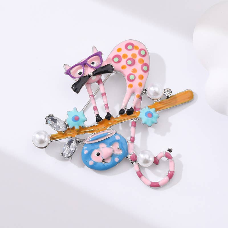 Whimsical Polka Dot Cat - on - Branch Brooch with Pearls