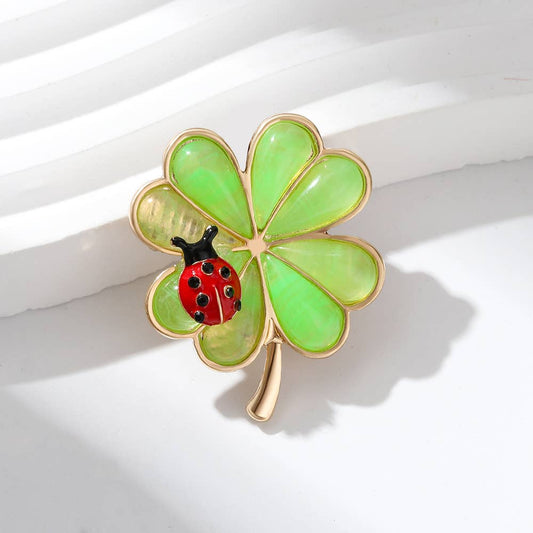 Enamel Leaf & Ladybug Accent Four-Leaf Clover Brooch