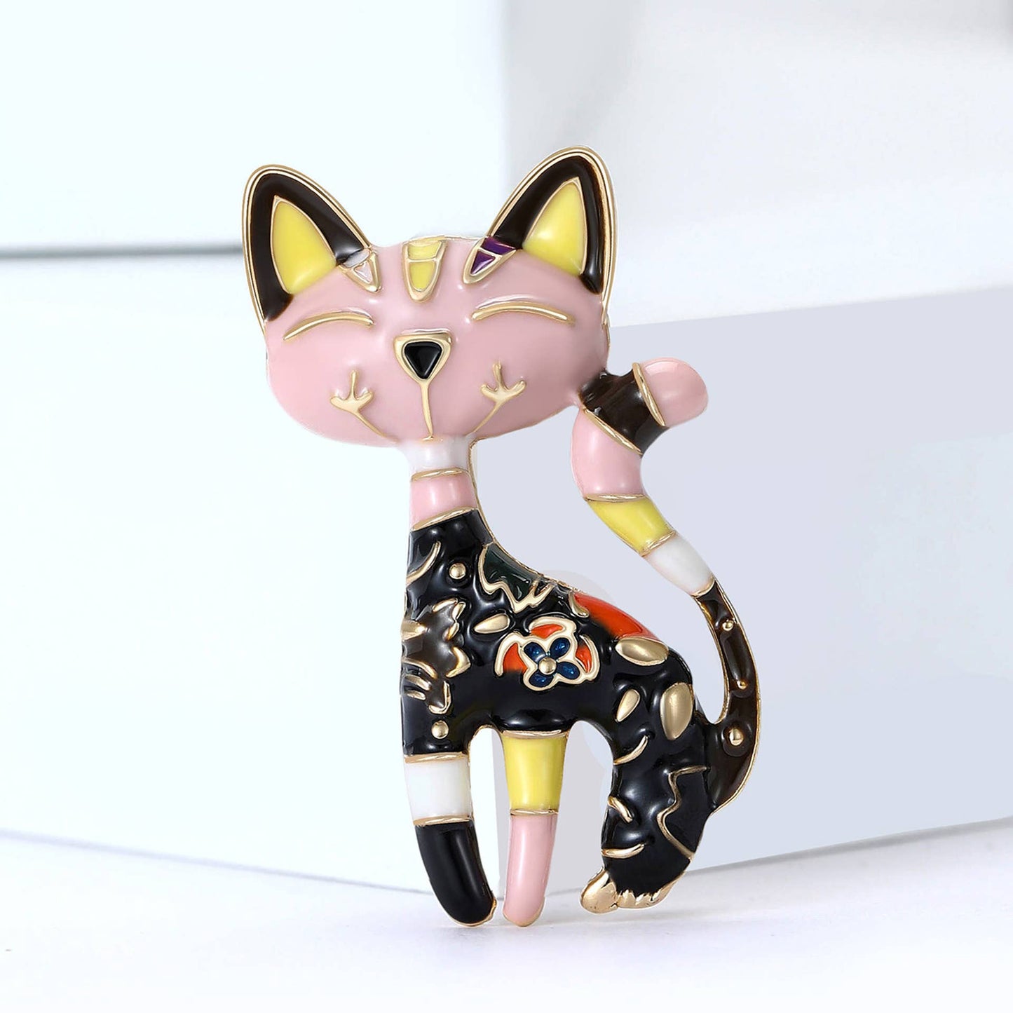 Playful Patchwork Enamel Cat Animal Brooch Pin