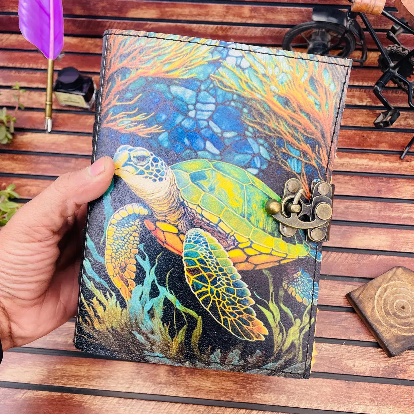 Leather Journal Blank Vintage Notebook with Turtle Print