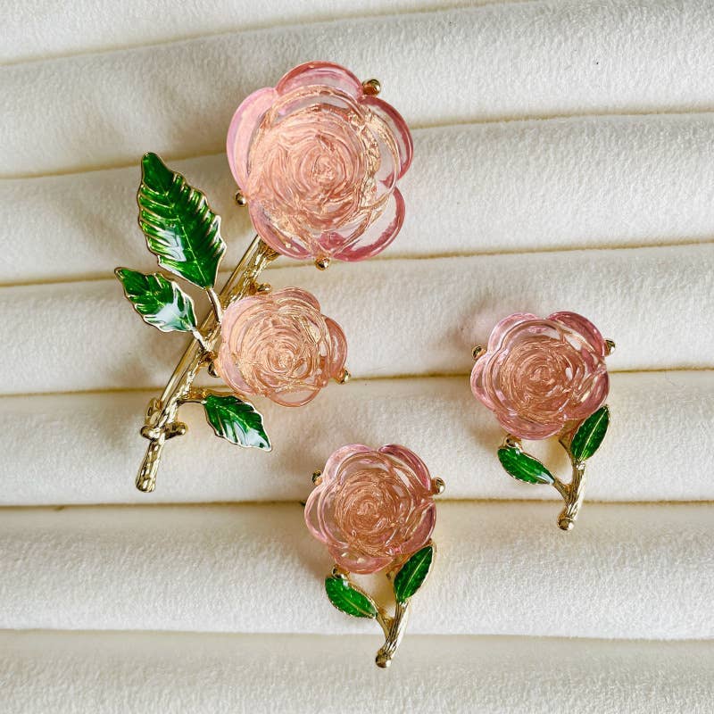 Sweet Transparent Pink Rose Flower Brooch & Earrings