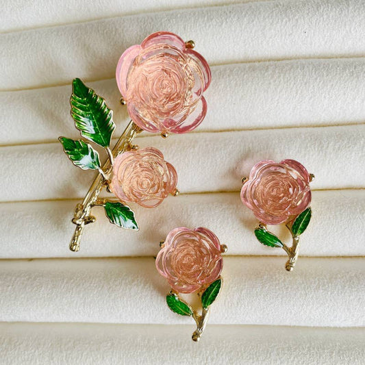 Sweet Transparent Pink Rose Flower Brooch & Earrings