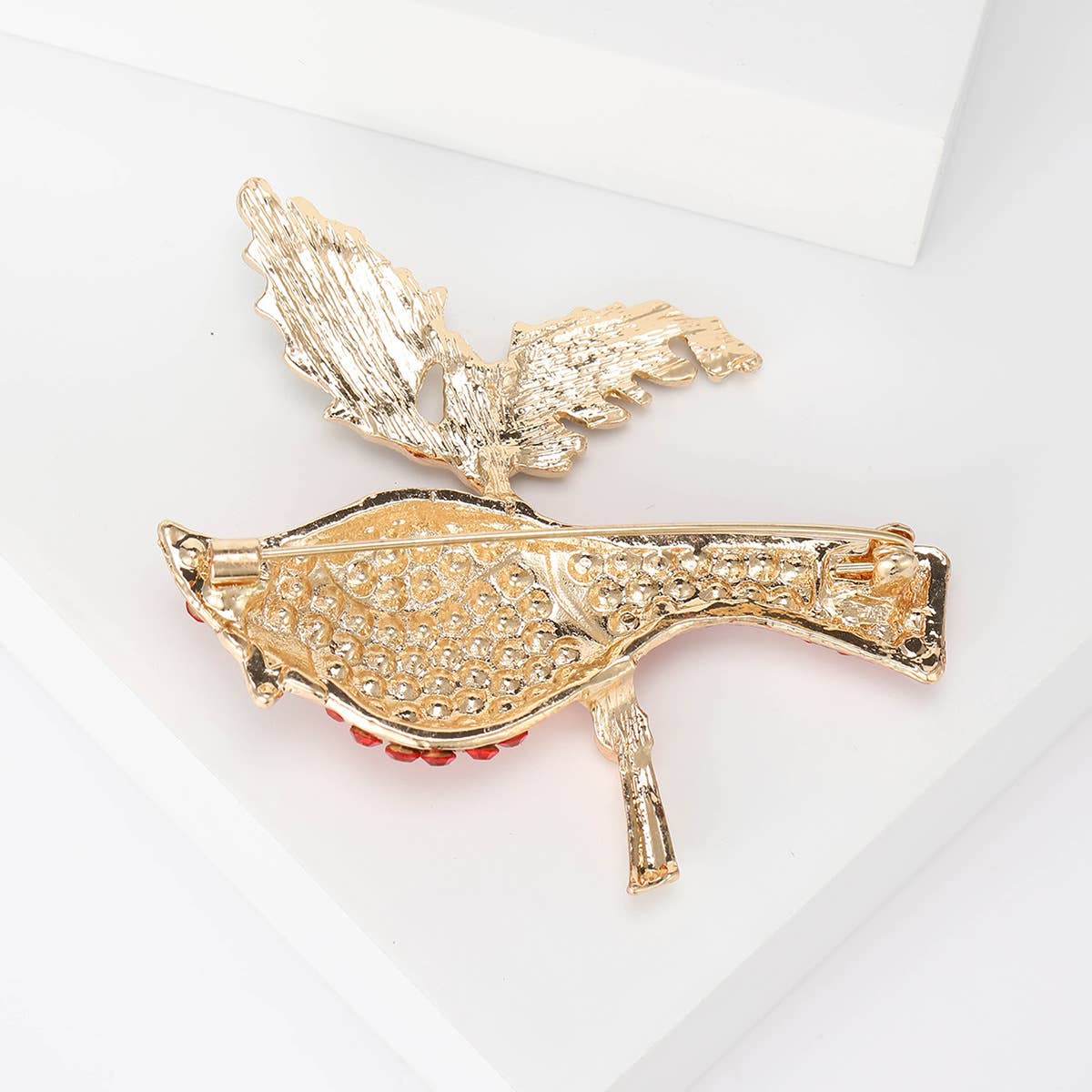 Cardinal Rhinestone Brooch, Red Bird & Leaf Statement Pin