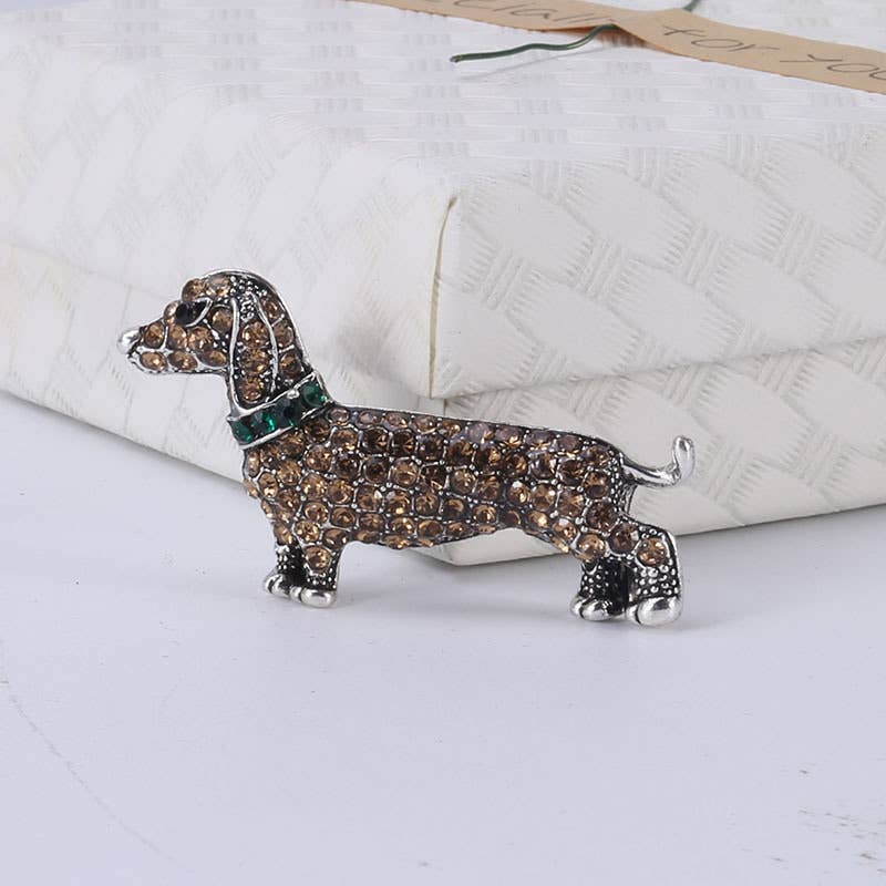 Rhinestone Dachshund Brooch, Sparkly Dog Lapel Pin